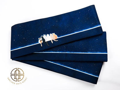 Starry Cat Hanhaba Belt: Double Sided Obi for Kimono