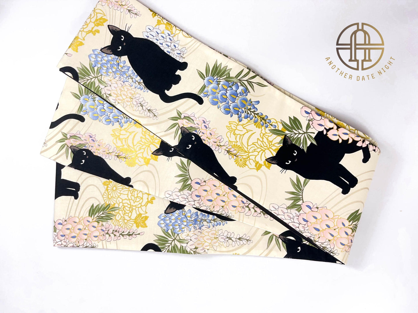 Wisteria Flower & Black Cat Hanhaba Belt, Half-Width Obi for Yukata/Komon Kimono/Casual Kimono