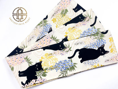 Wisteria Flower & Black Cat Hanhaba Belt, Half-Width Obi for Yukata/Komon Kimono/Casual Kimono