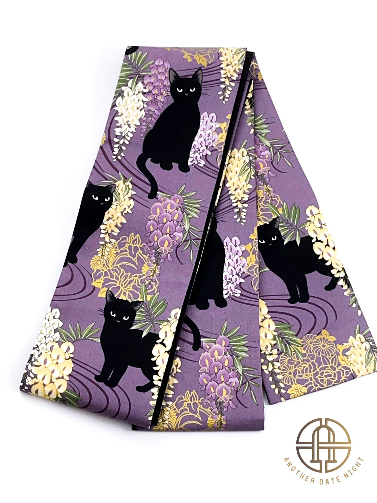 Wisteria Flower & Black Cat Hanhaba Belt, Half-Width Obi for Yukata/Komon Kimono/Casual Kimono