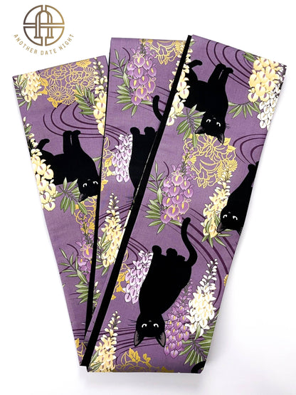 Wisteria Flower & Black Cat Hanhaba Belt, Half-Width Obi for Yukata/Komon Kimono/Casual Kimono
