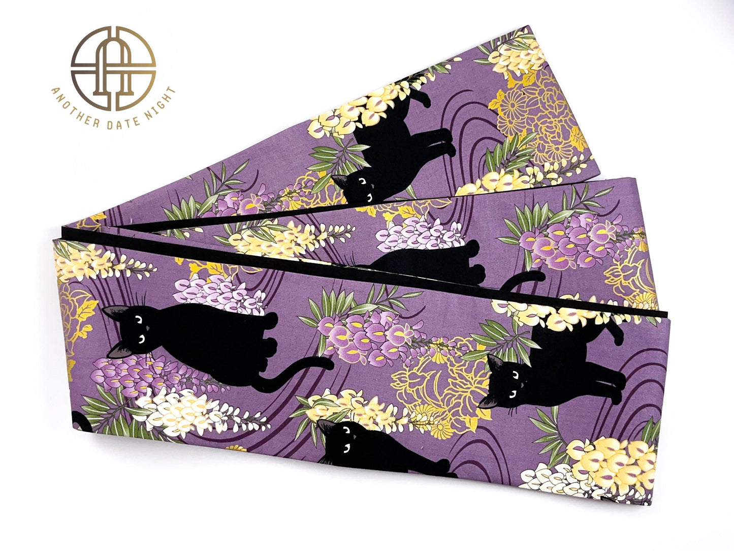 Wisteria Flower & Black Cat Hanhaba Belt, Half-Width Obi for Yukata/Komon Kimono/Casual Kimono