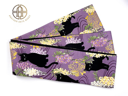 Wisteria Flower & Black Cat Hanhaba Belt, Half-Width Obi for Yukata/Komon Kimono/Casual Kimono