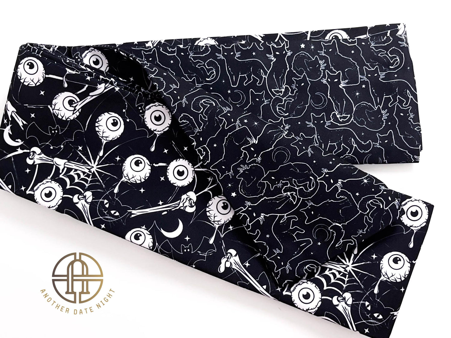 Black Cat & Eyeball Yukata Obi Belt: Double Sided Hanhaba Obi