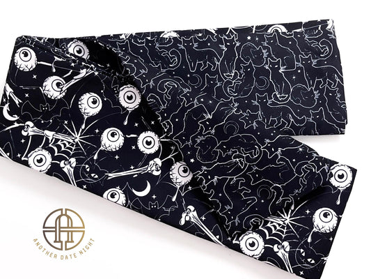 Black Cat & Eyeball Yukata Obi Belt: Double Sided Hanhaba Obi