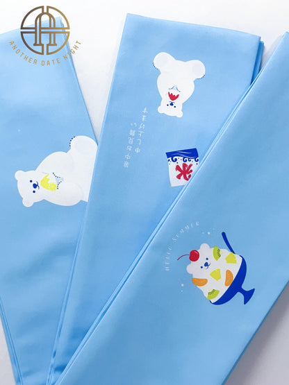 Polar Bear Kimono Obi Belt: Summer Blue Hanhaba Obi