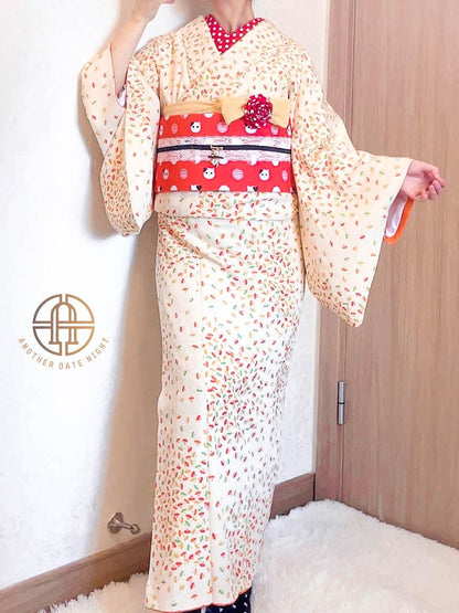 Red Polka Dot Cat Hanhaba Obi Belt: Double Sided Kimono/ Yukata Belt
