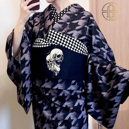 Skull Pattern Hanhaba Obi Belt+ Kuri Bird Kimono