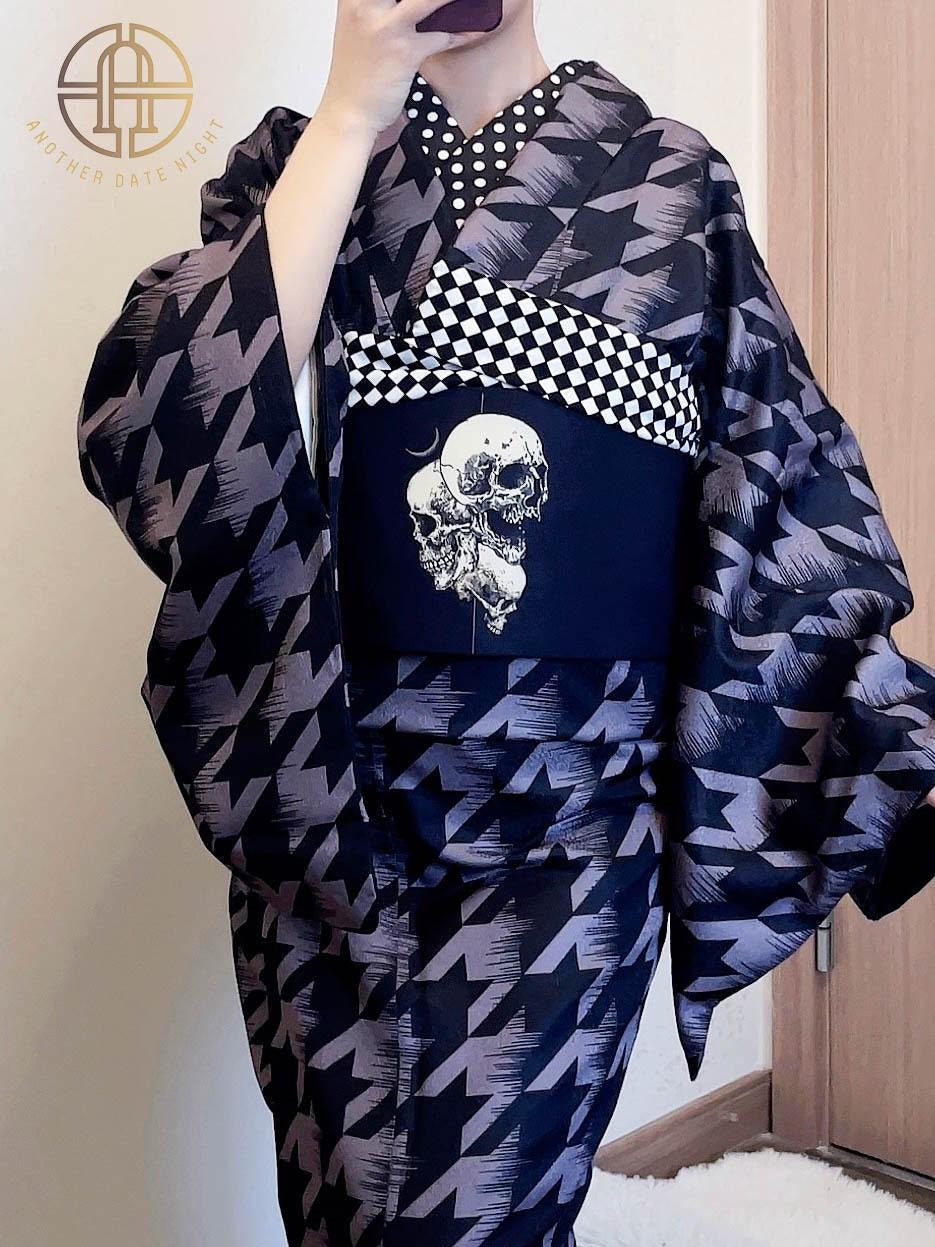 Skull Pattern Hanhaba Obi Belt+ Kuri Bird Kimono
