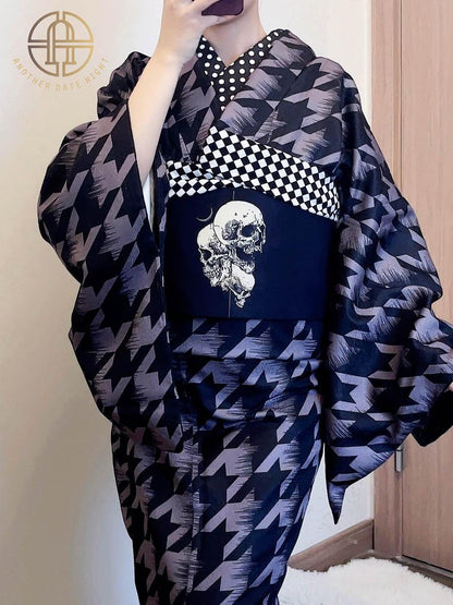 Skull Pattern Hanhaba Obi Belt+ Kuri Bird Kimono