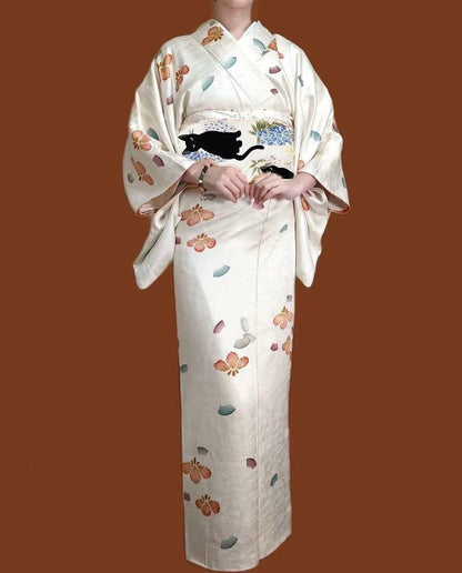 Wisteria Flower & Black Cat Hanhaba Belt, Half-Width Obi for Yukata/Komon Kimono/Casual Kimono