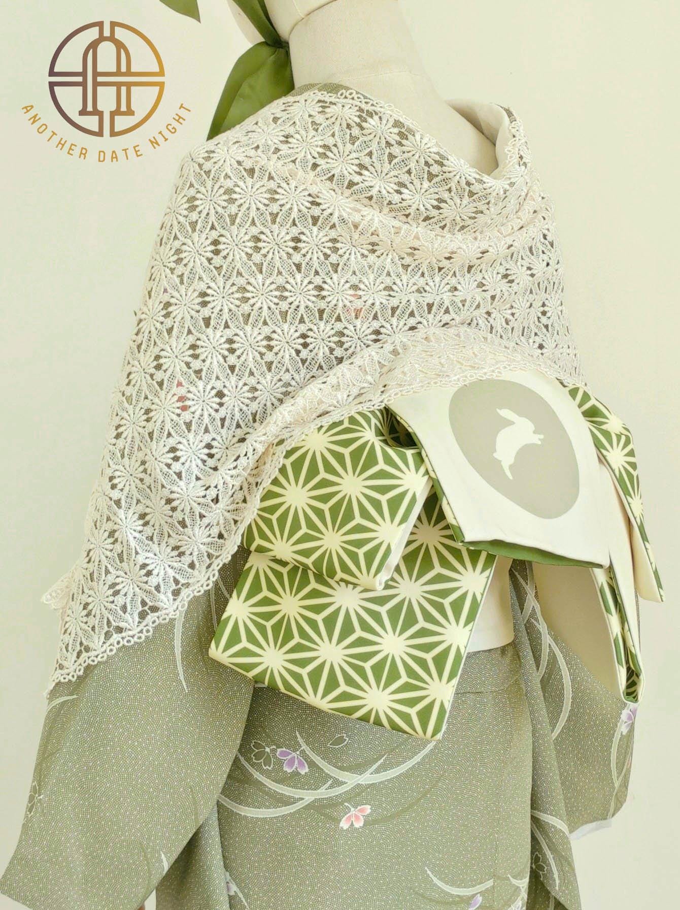 Japanese Obi Belt: Asanoha & Rabbit Pattern, Double Sided Polyester Hanhaba Obi