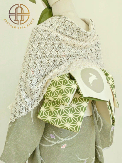 Japanese Obi Belt: Asanoha & Rabbit Pattern, Double Sided Polyester Hanhaba Obi