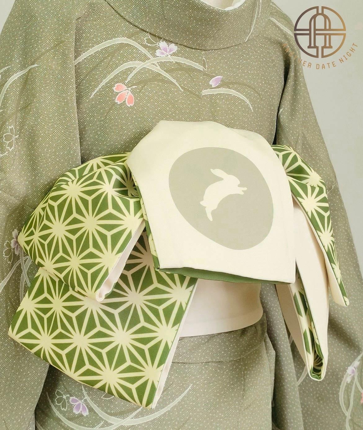 Japanese Obi Belt: Asanoha & Rabbit Pattern, Double Sided Polyester Hanhaba Obi