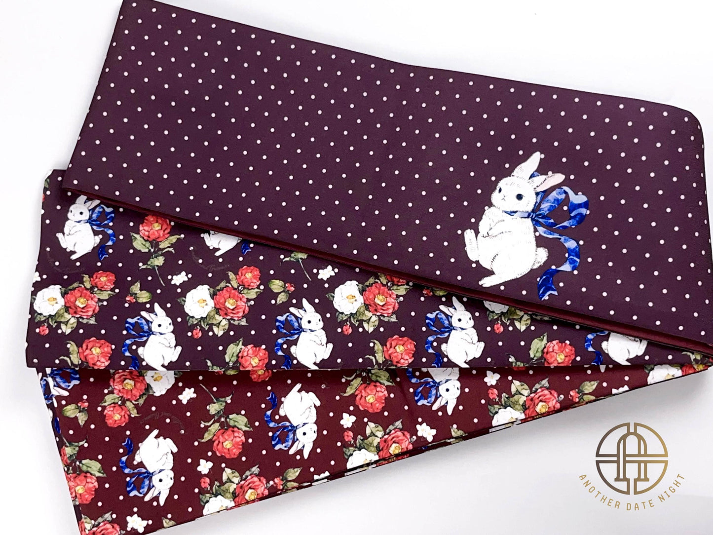 Rabbit Camellia Hanhaba Obi Belt: Purple & Wine Red, Double Sided