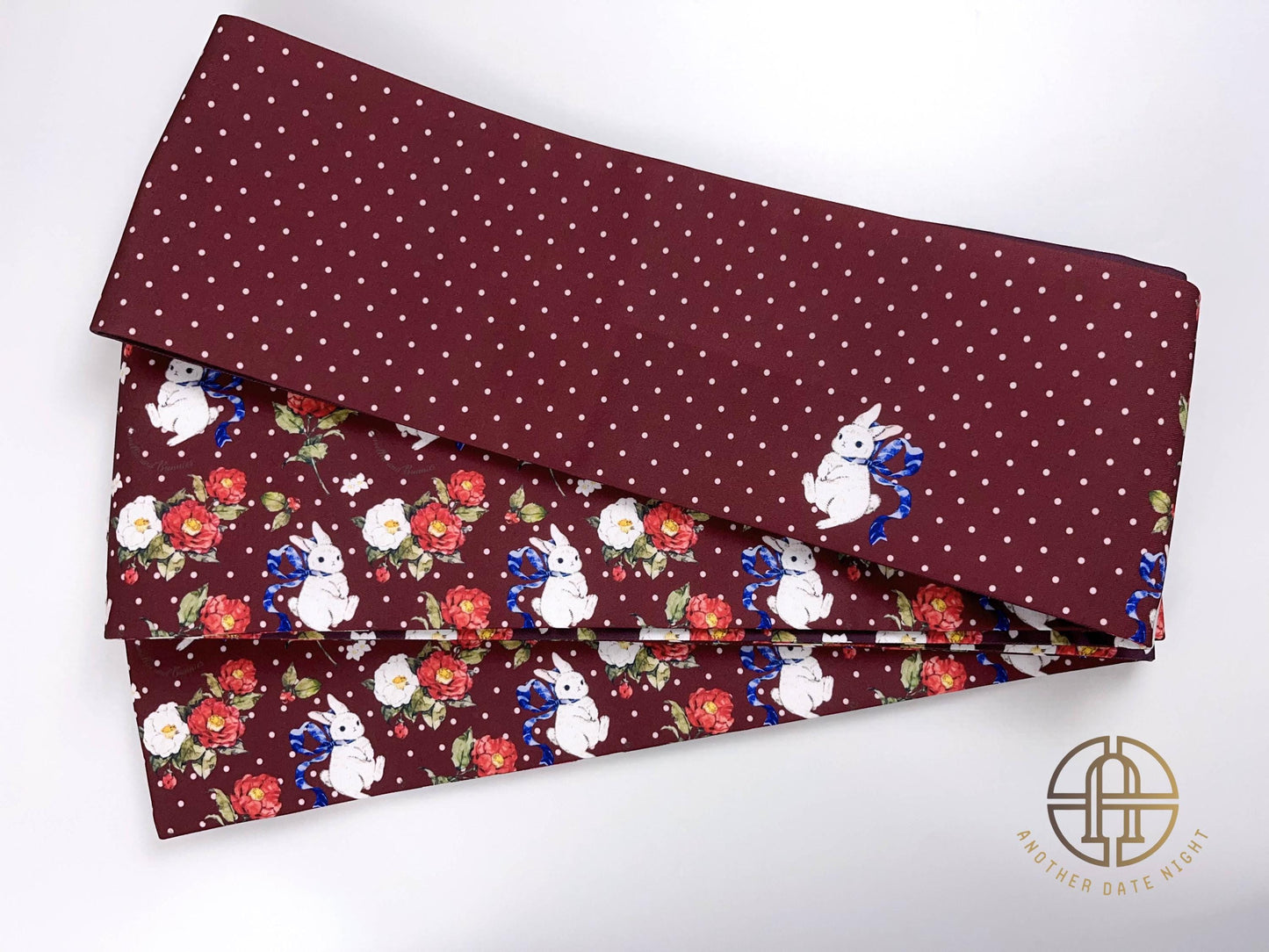 Rabbit Camellia Hanhaba Obi Belt: Purple & Wine Red, Double Sided