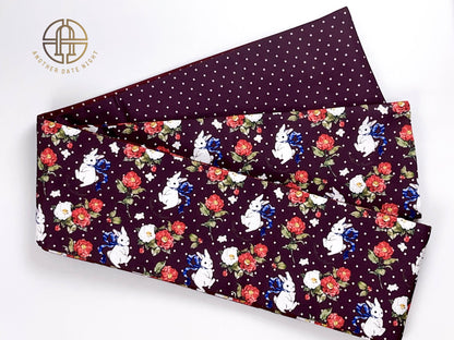 Rabbit Camellia Hanhaba Obi Belt: Purple & Wine Red, Double Sided