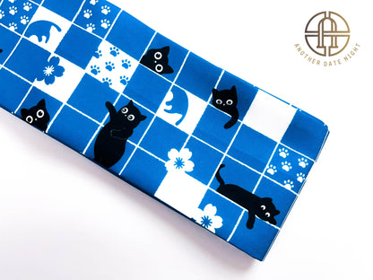 Blue Checkered Cat Hanhaba Belt, Half-Width Obi for Yukata/Komon Kimono/Casual Kimono