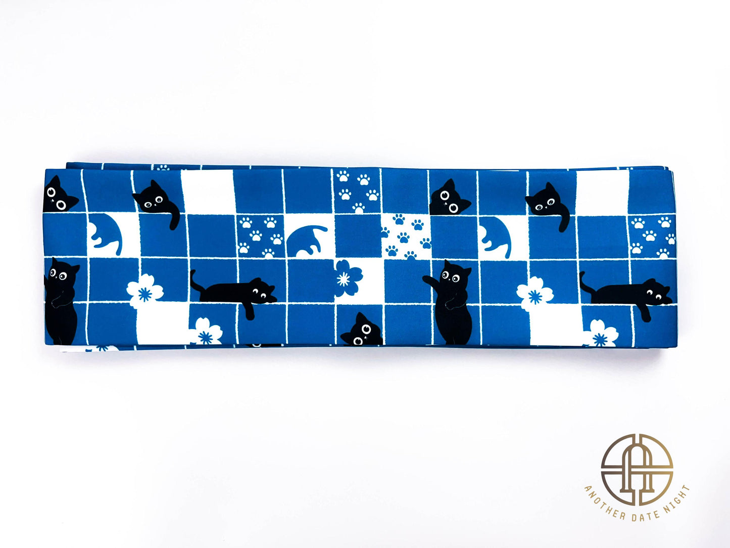 Blue Checkered Cat Hanhaba Belt, Half-Width Obi for Yukata/Komon Kimono/Casual Kimono