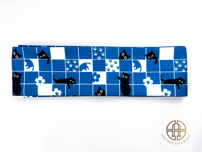 Blue Checkered Cat Hanhaba Belt, Half-Width Obi for Yukata/Komon Kimono/Casual Kimono