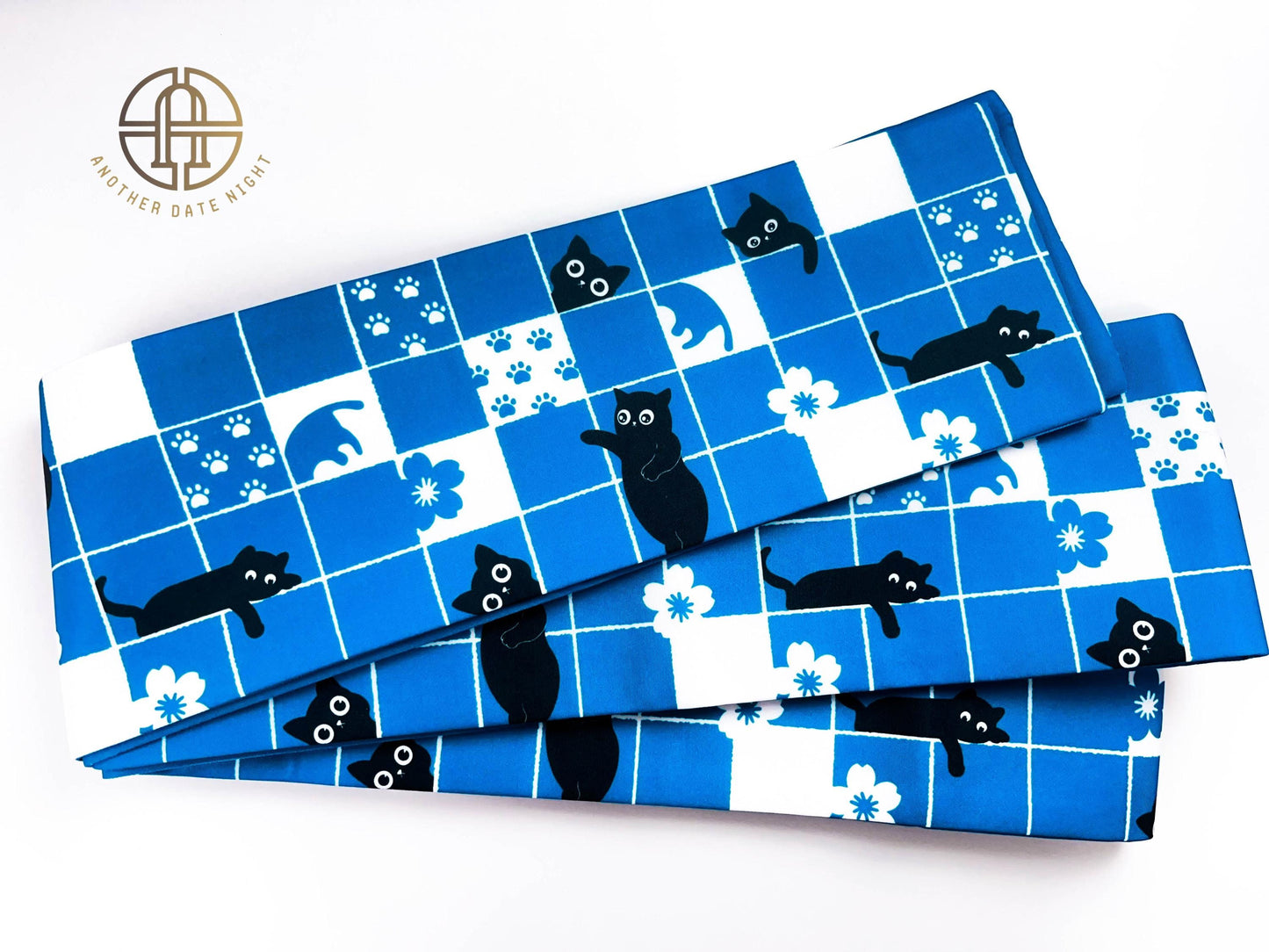 Blue Checkered Cat Hanhaba Belt, Half-Width Obi for Yukata/Komon Kimono/Casual Kimono