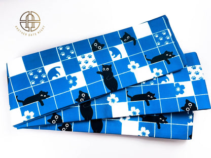 Blue Checkered Cat Hanhaba Belt, Half-Width Obi for Yukata/Komon Kimono/Casual Kimono