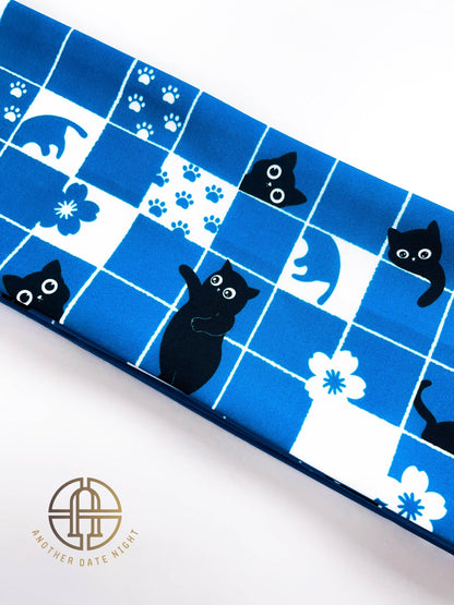 Blue Checkered Cat Hanhaba Belt, Half-Width Obi for Yukata/Komon Kimono/Casual Kimono