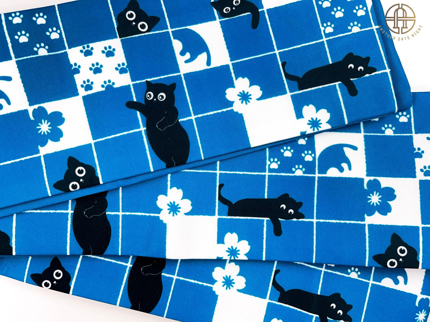 Blue Checkered Cat Hanhaba Belt, Half-Width Obi for Yukata/Komon Kimono/Casual Kimono