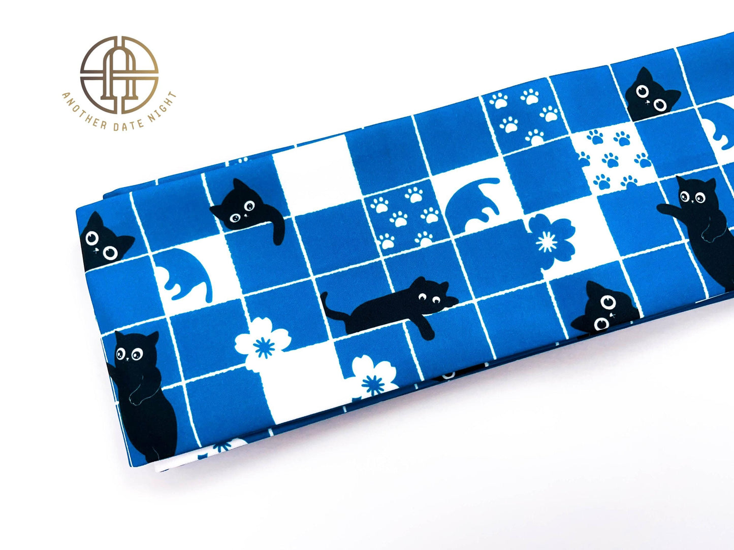 Blue Checkered Cat Hanhaba Belt, Half-Width Obi for Yukata/Komon Kimono/Casual Kimono
