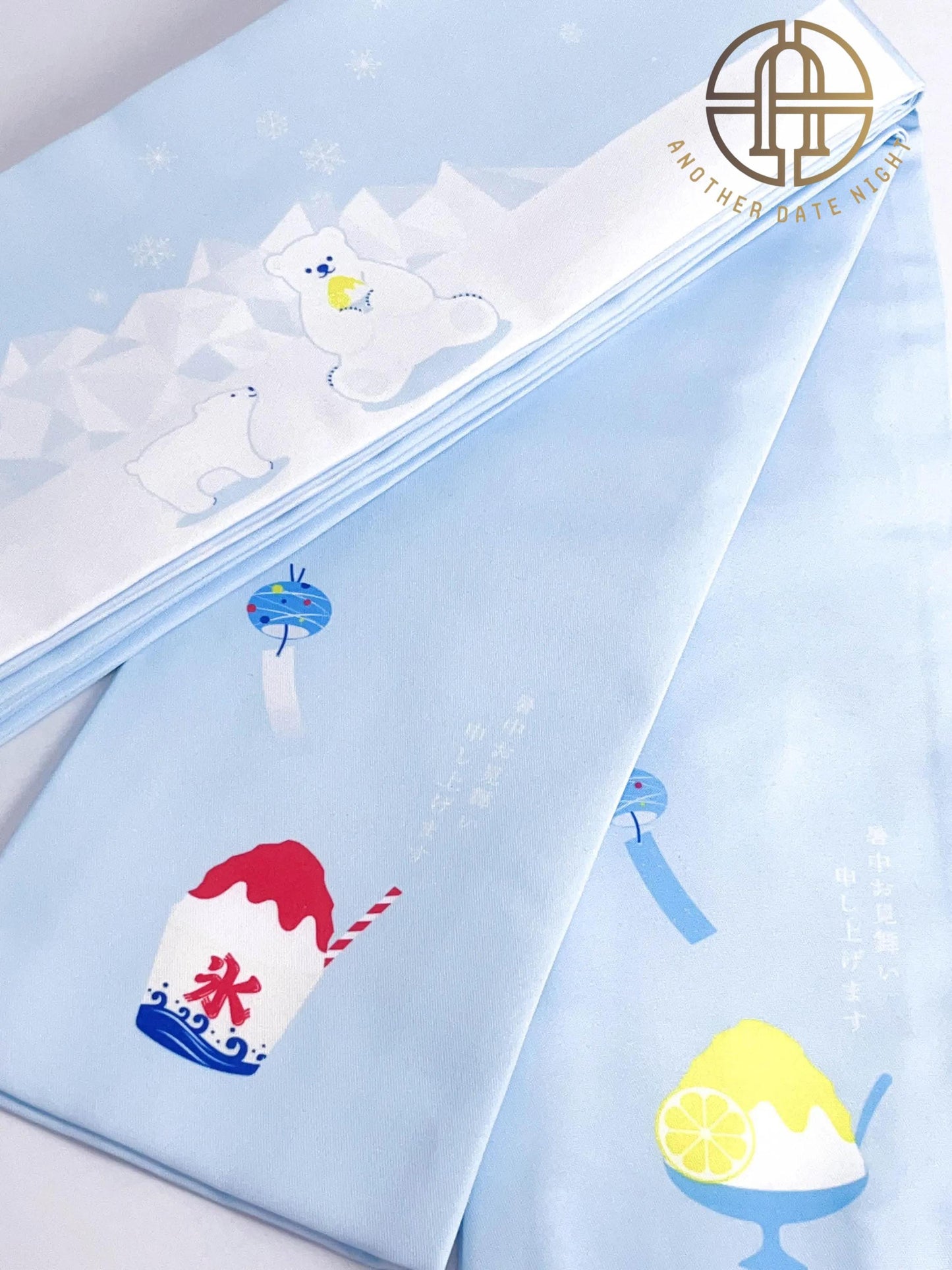 Polar Bear Kimono Obi Belt: Pastel Blue Summer Yukata Obi