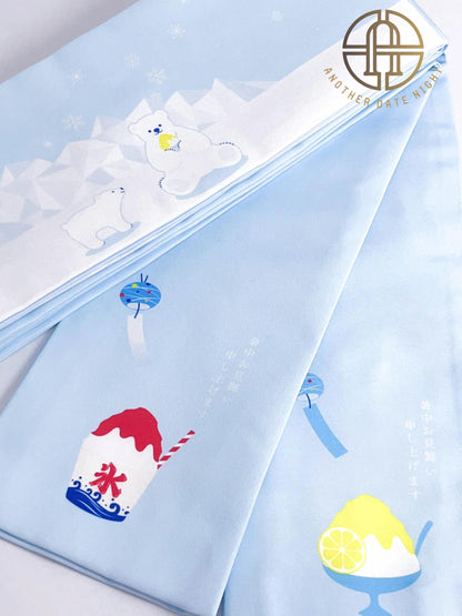 Polar Bear Kimono Obi Belt: Pastel Blue Summer Yukata Obi