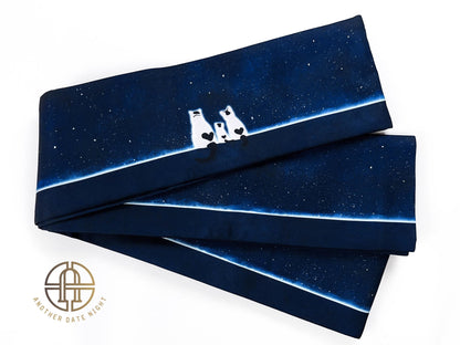 Starry Cat Hanhaba Belt: Double Sided Obi for Kimono