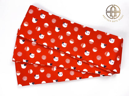 Red Polka Dot Cat Hanhaba Obi Belt: Double Sided Kimono/ Yukata Belt