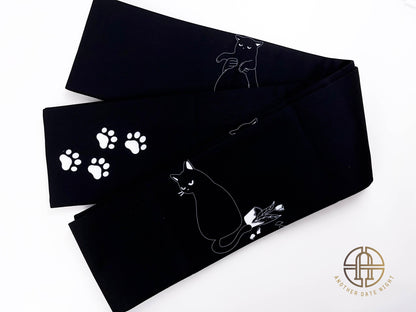 Naughty Cat Hanhaba Obi (Half-Width Obi) - Double Sided, For Yukata/Komon Kimono/Casual Kimono