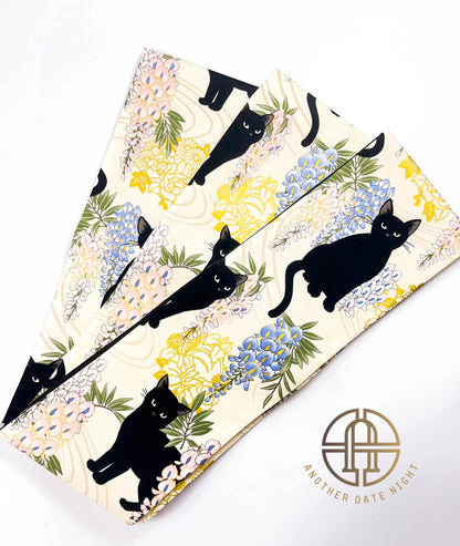 Wisteria Flower & Black Cat Hanhaba Belt, Half-Width Obi for Yukata/Komon Kimono/Casual Kimono