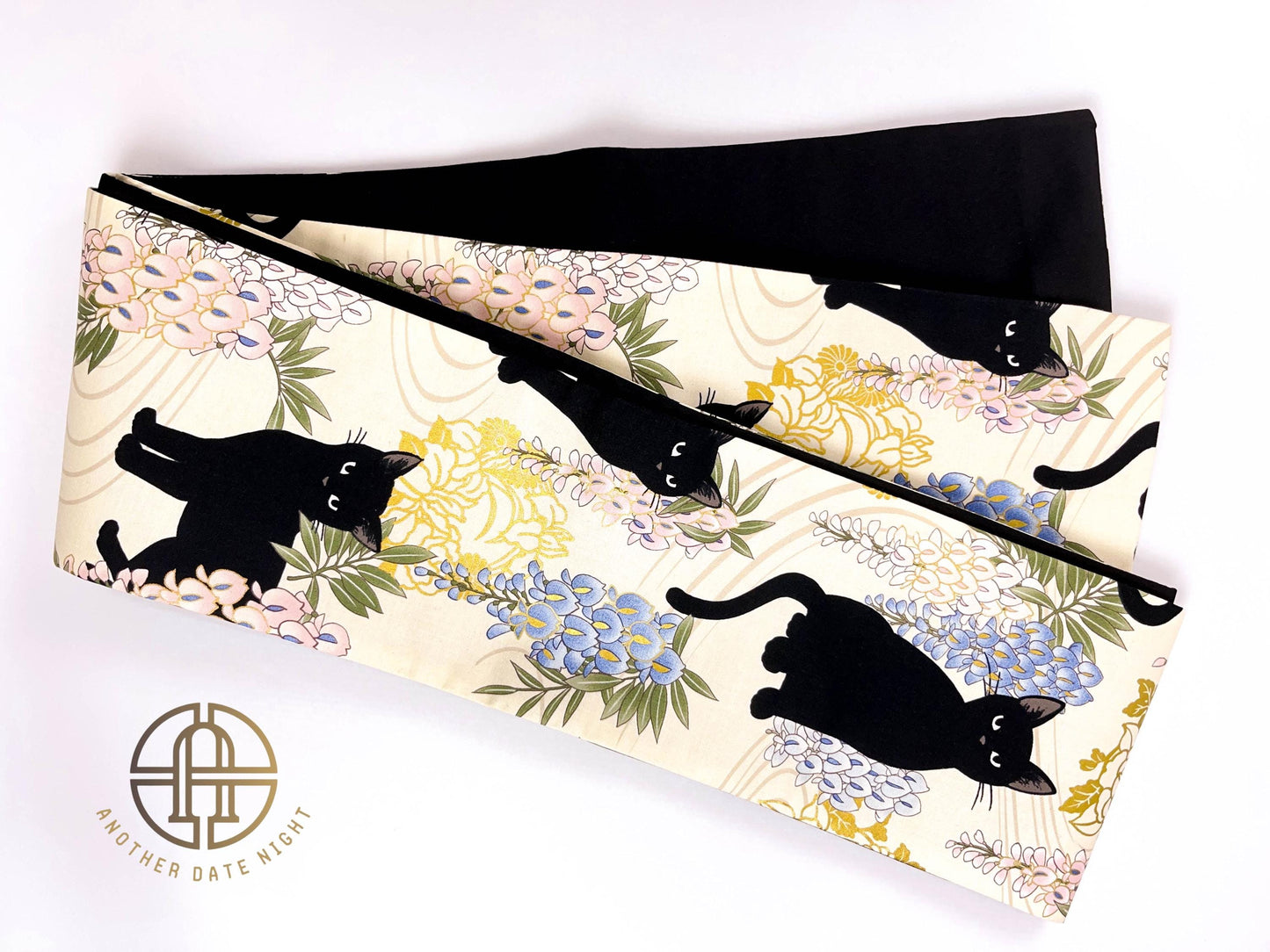 Wisteria Flower & Black Cat Hanhaba Belt, Half-Width Obi for Yukata/Komon Kimono/Casual Kimono