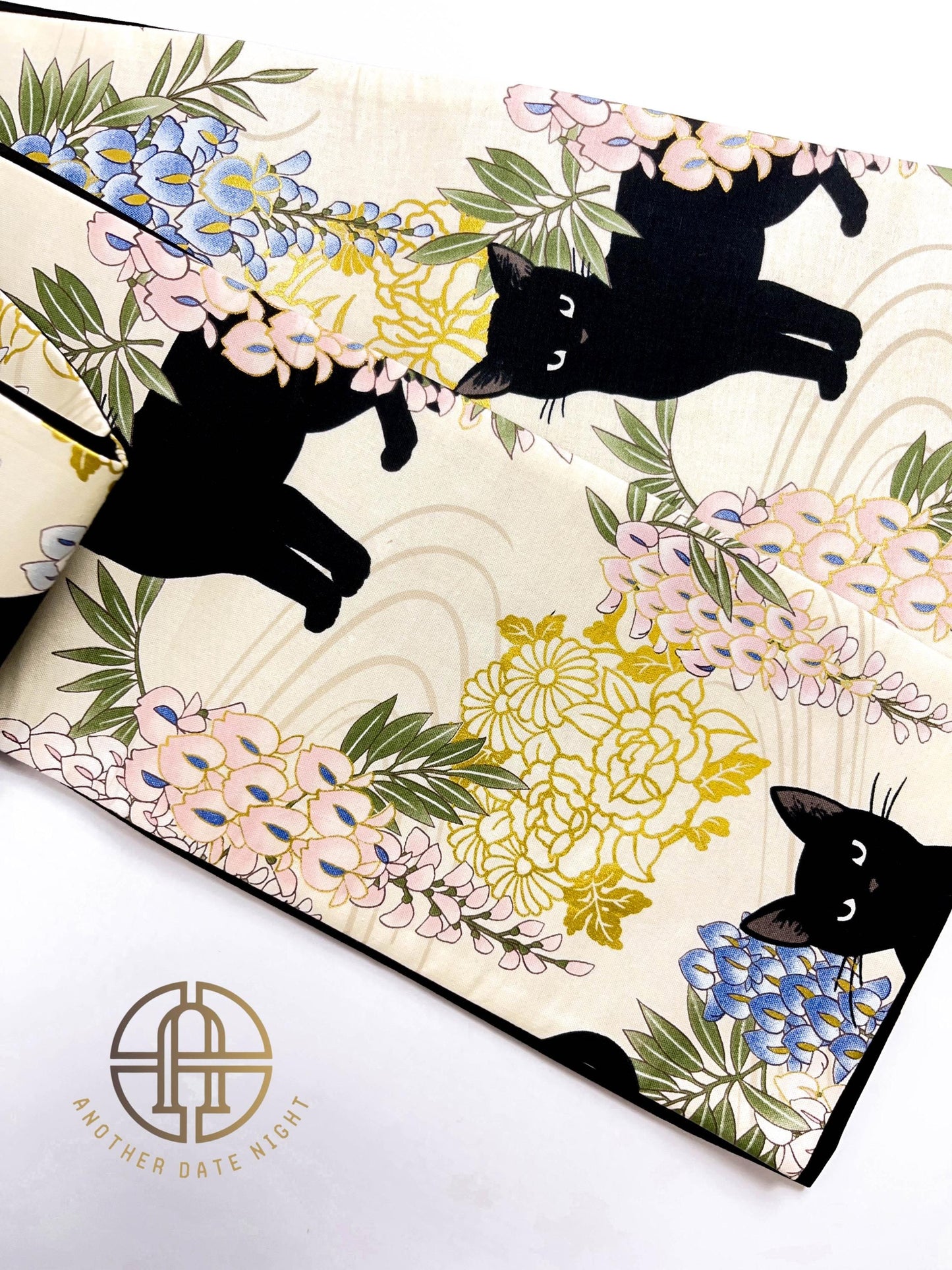Wisteria Flower & Black Cat Hanhaba Belt, Half-Width Obi for Yukata/Komon Kimono/Casual Kimono
