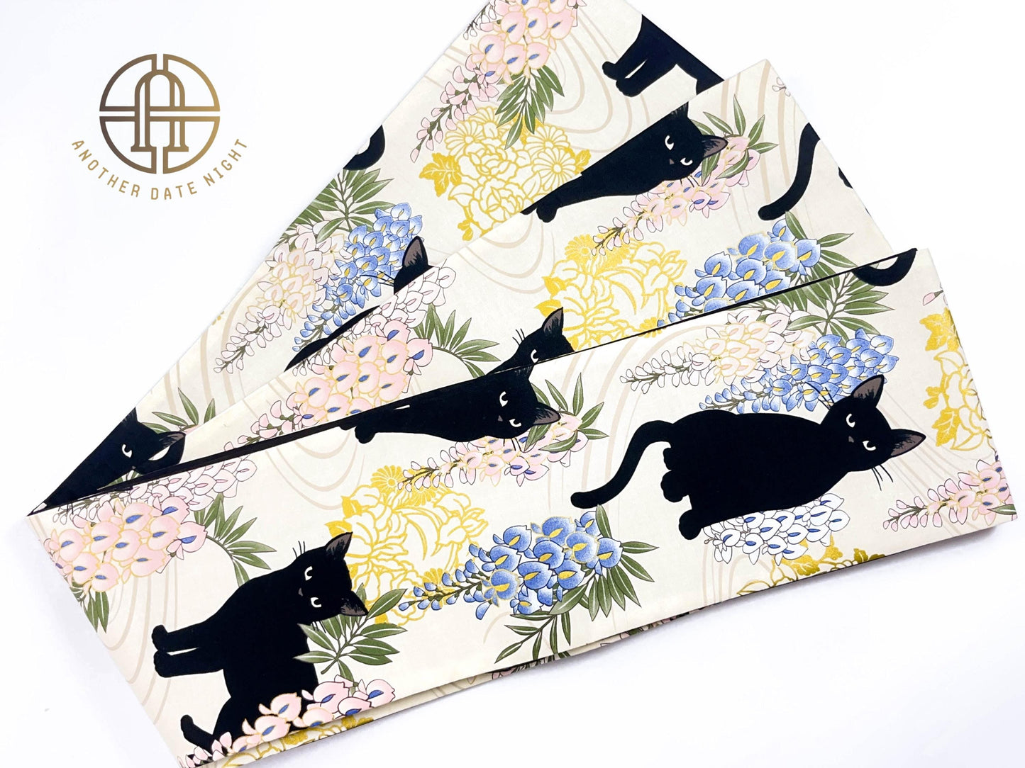 Wisteria Flower & Black Cat Hanhaba Belt, Half-Width Obi for Yukata/Komon Kimono/Casual Kimono