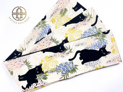 Wisteria Flower & Black Cat Hanhaba Belt, Half-Width Obi for Yukata/Komon Kimono/Casual Kimono