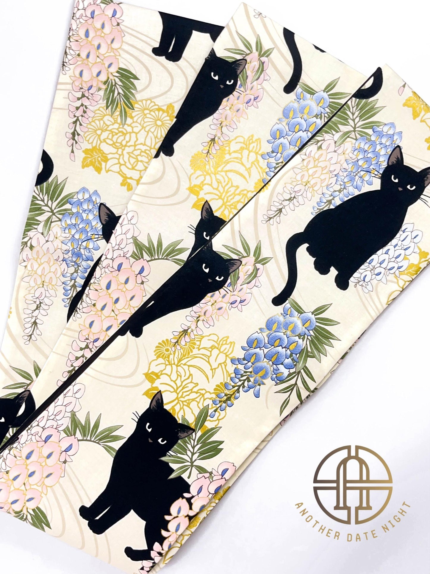 Wisteria Flower & Black Cat Hanhaba Belt, Half-Width Obi for Yukata/Komon Kimono/Casual Kimono