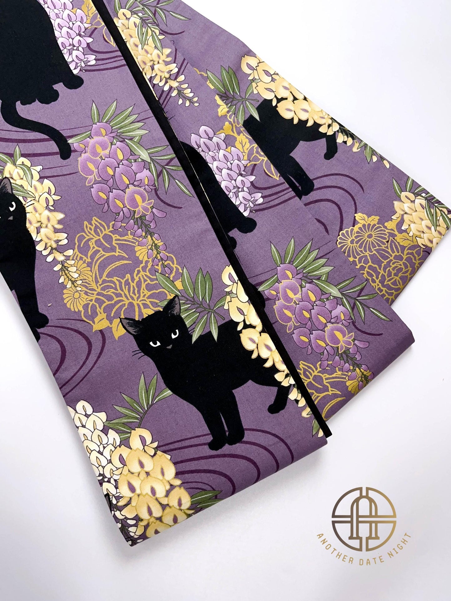 Wisteria Flower & Black Cat Hanhaba Belt, Half-Width Obi for Yukata/Komon Kimono/Casual Kimono