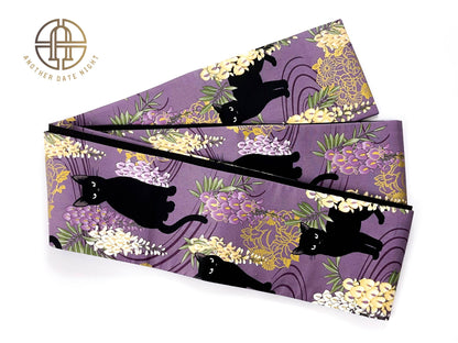 Wisteria Flower & Black Cat Hanhaba Belt, Half-Width Obi for Yukata/Komon Kimono/Casual Kimono