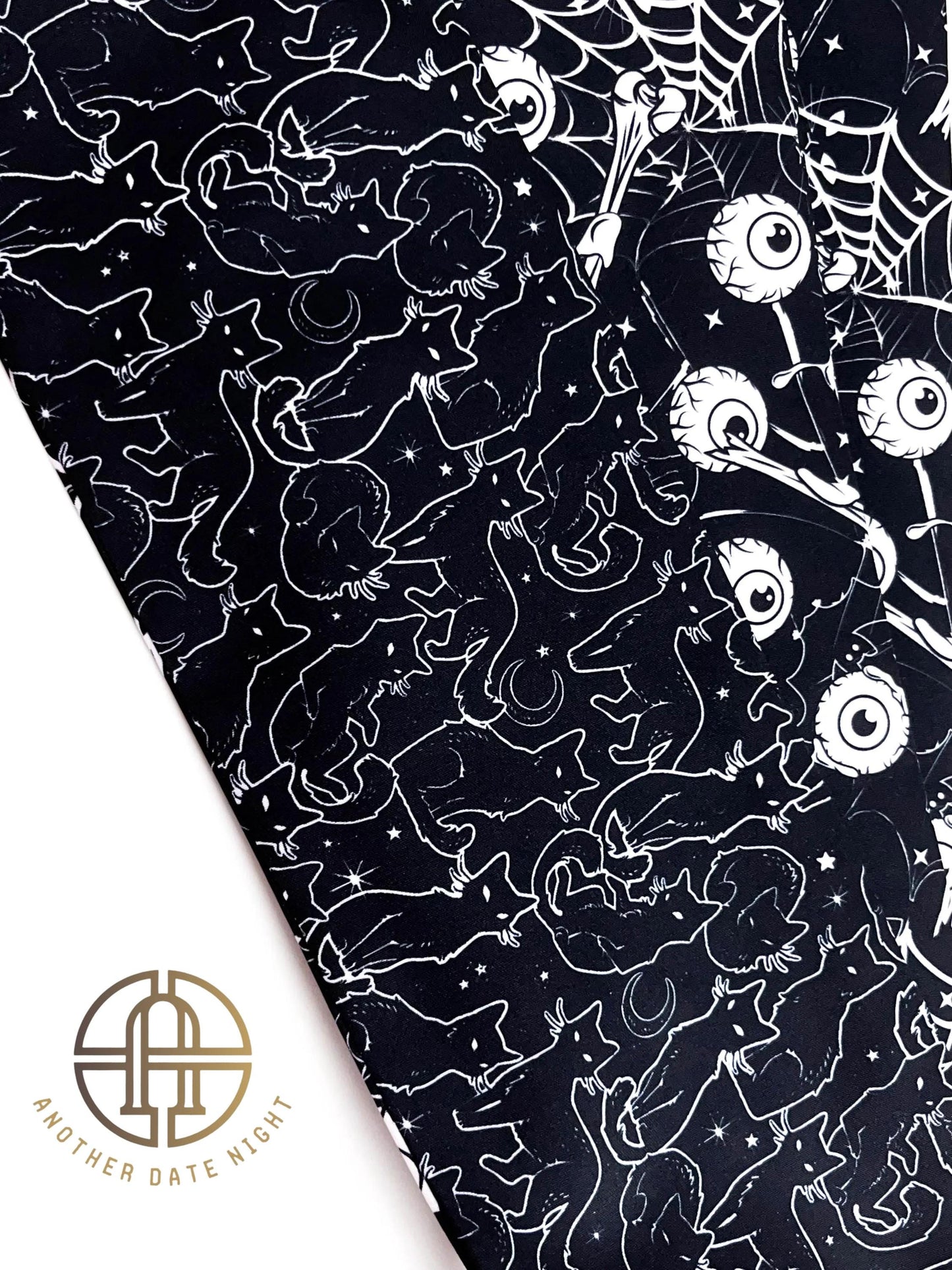 Black Cat & Eyeball Yukata Obi Belt: Double Sided Hanhaba Obi