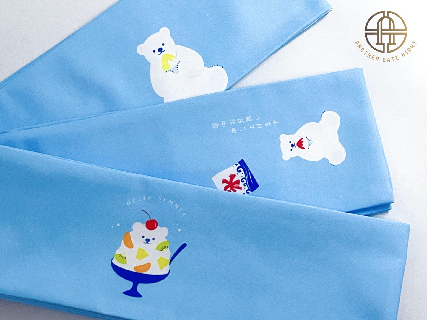 Polar Bear Kimono Obi Belt: Summer Blue Hanhaba Obi