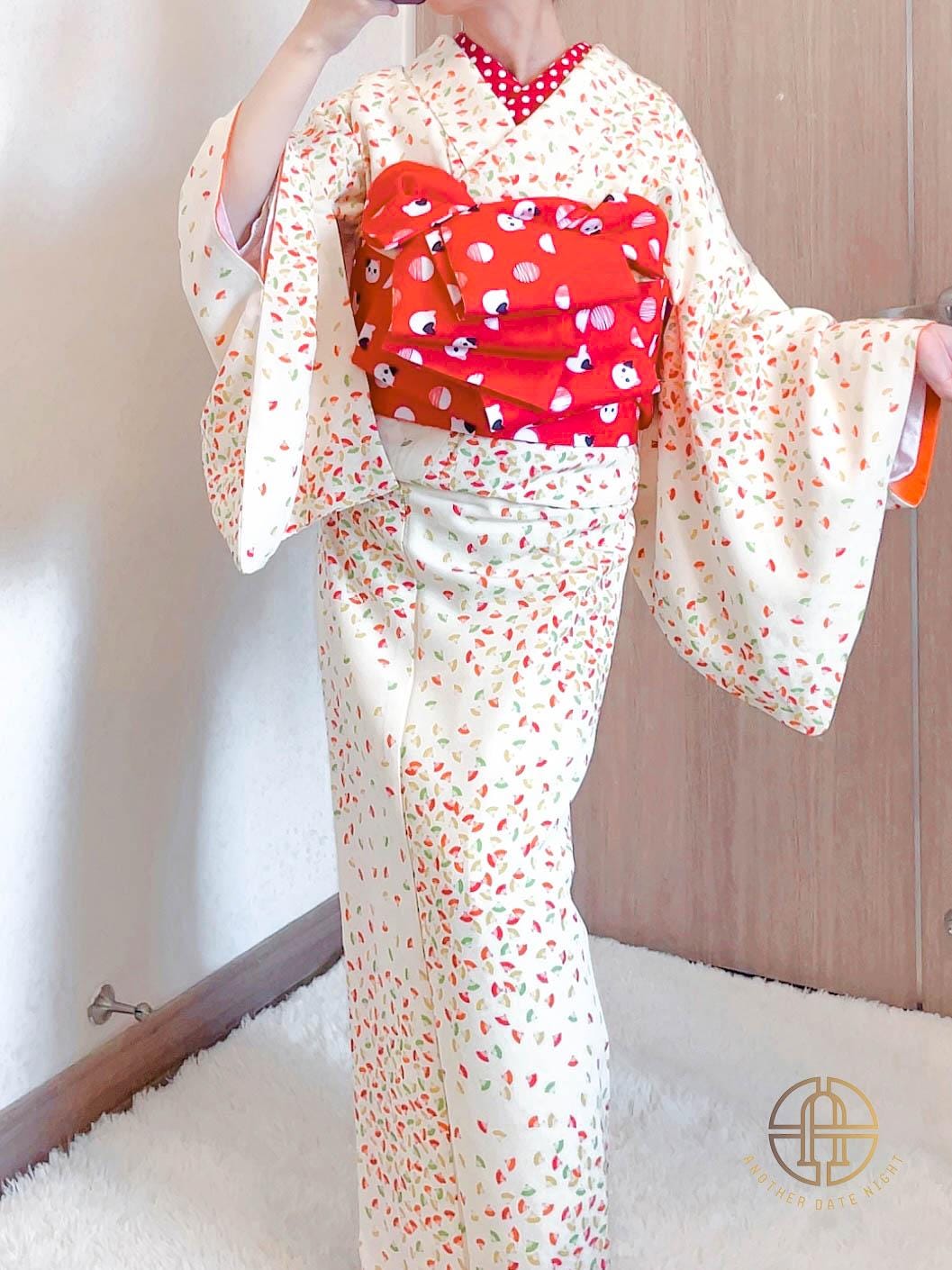 Red Polka Dot Cat Hanhaba Obi Belt: Double Sided Kimono/ Yukata Belt
