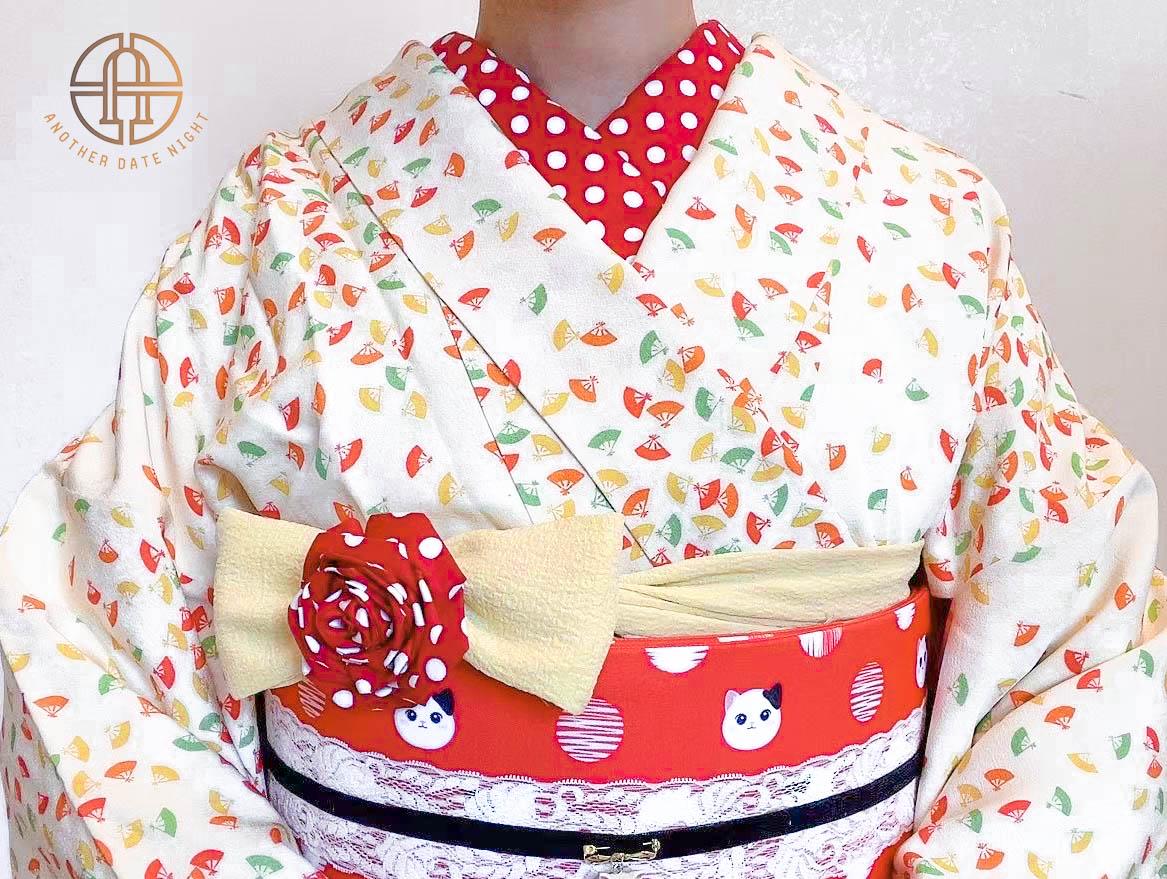 Red Polka Dot Cat Hanhaba Obi Belt: Double Sided Kimono/ Yukata Belt