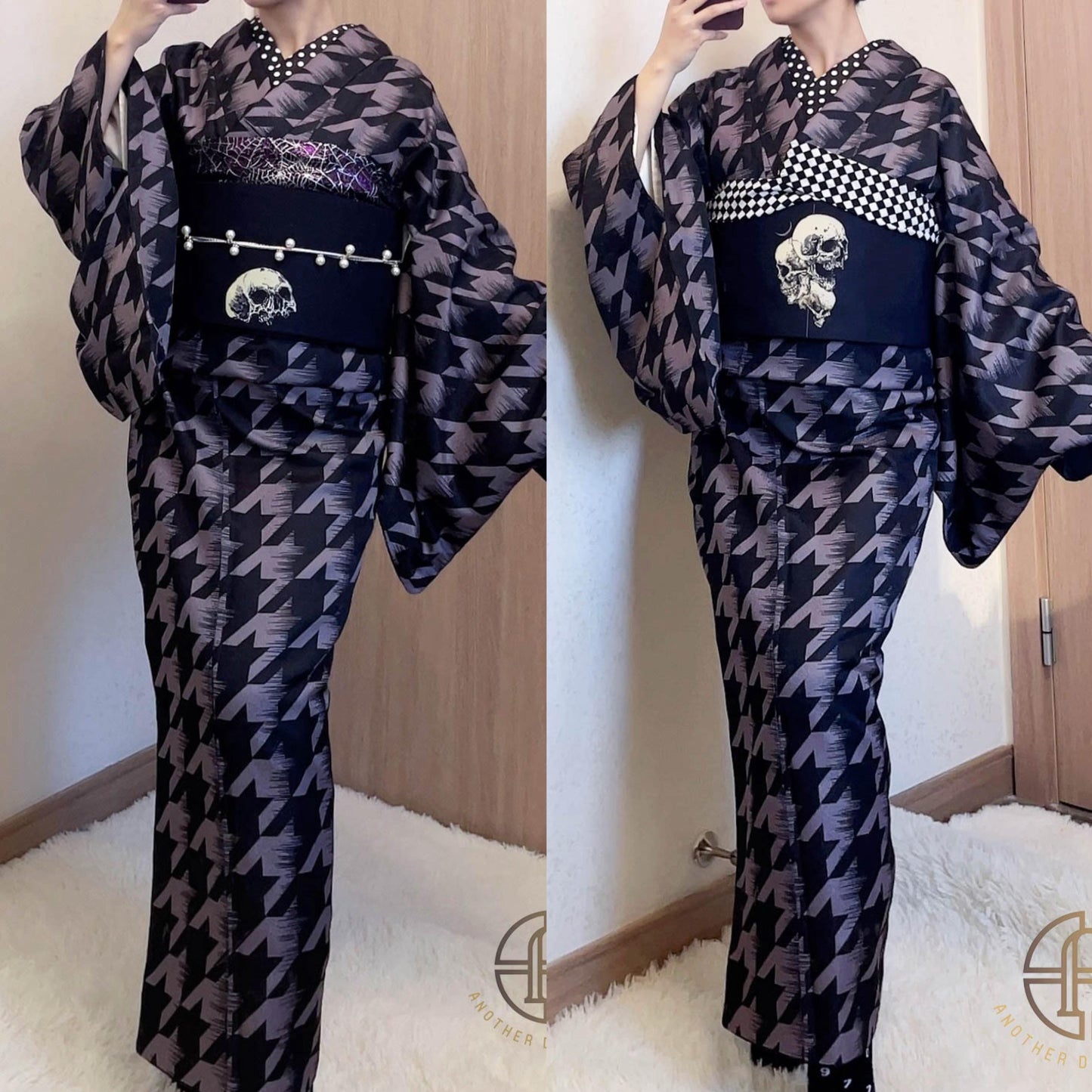 Skull Pattern Hanhaba Obi Belt+ Kuri Bird Kimono