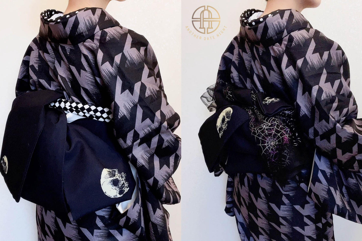 Skull Pattern Hanhaba Obi Belt+ Kuri Bird Kimono