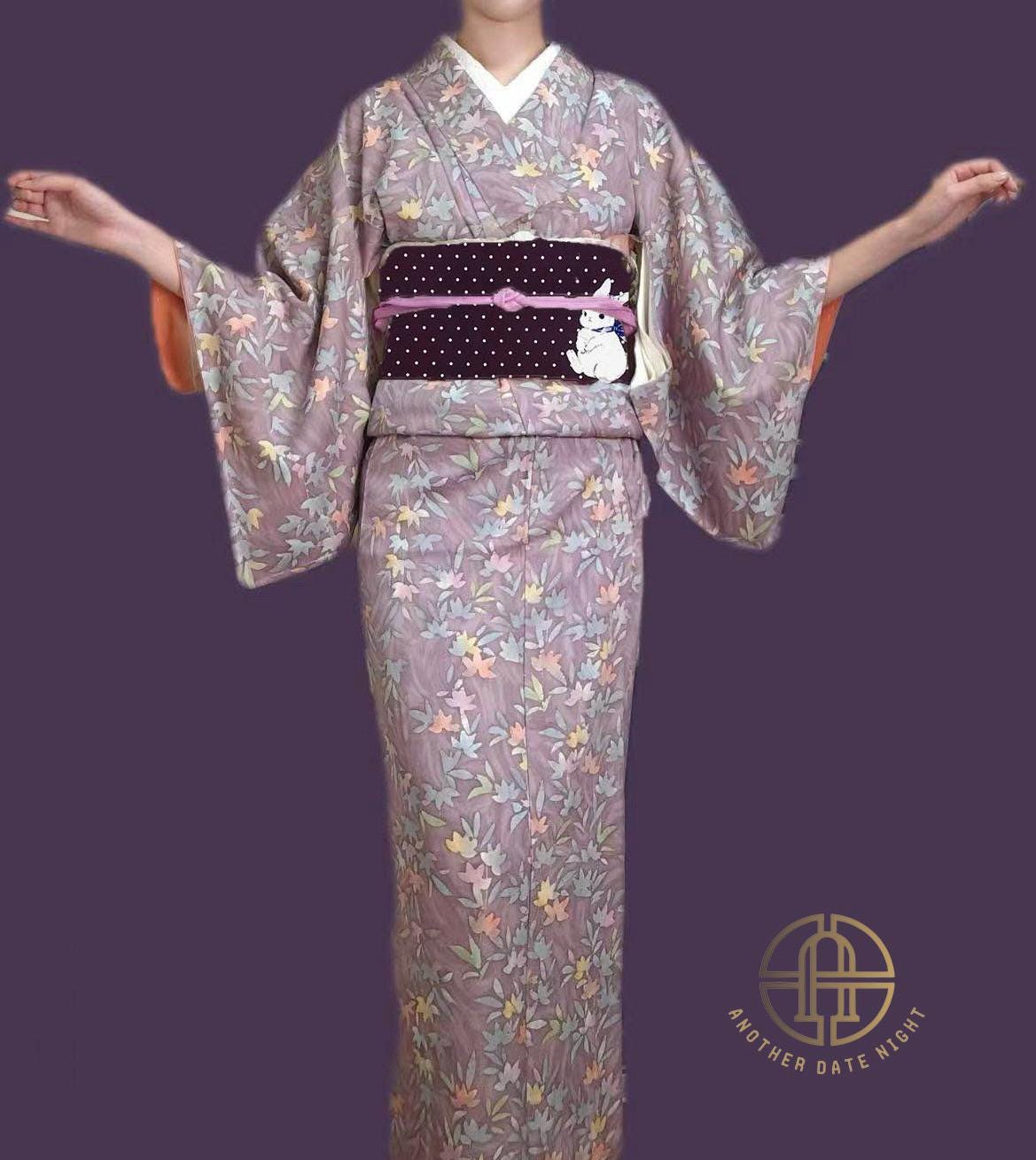 Rabbit Camellia Hanhaba Obi Belt: Purple & Wine Red, Double Sided
