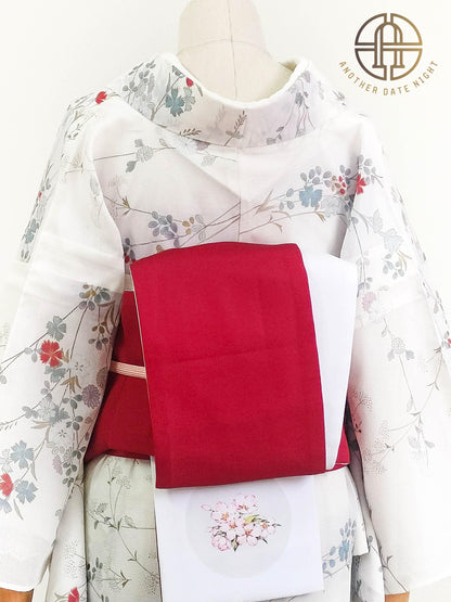 Rabbit & Sakura Hanhaba Obi Belt: Red Casual Kimono Obi